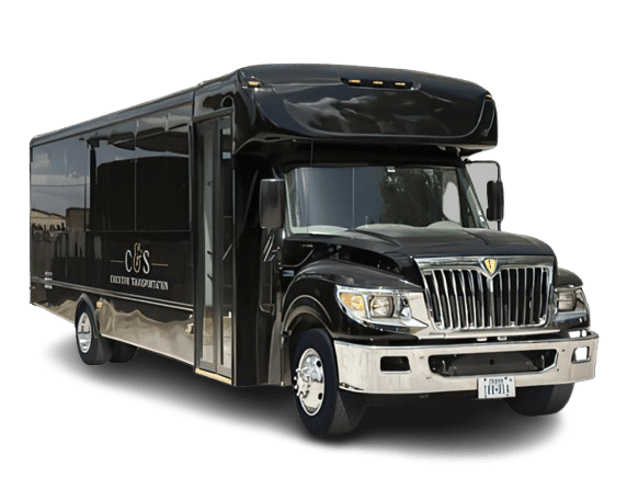 Executive mid-size bus from C&S Executive Transportation, designed for group travel, featuring a sleek black exterior and spacious seating for up to 32 passengers.