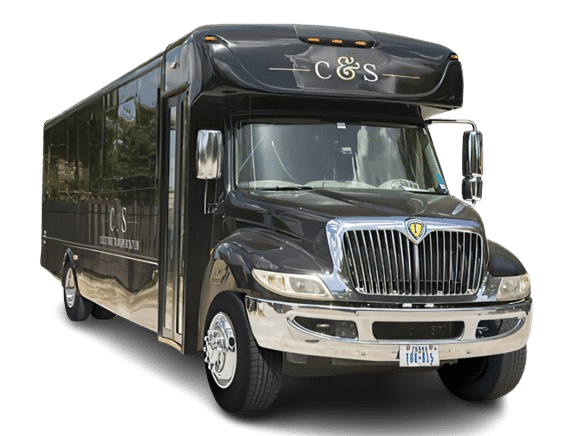 Luxury executive bus from C&S Executive Transportation, featuring sleek black exterior and spacious design, ideal for group travel in Greater Houston.