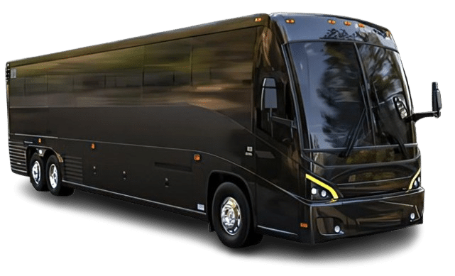 Luxury motor coach with sleek black exterior, designed for group transportation, seating capacity up to 55, ideal for airport transfers and events in Greater Houston.