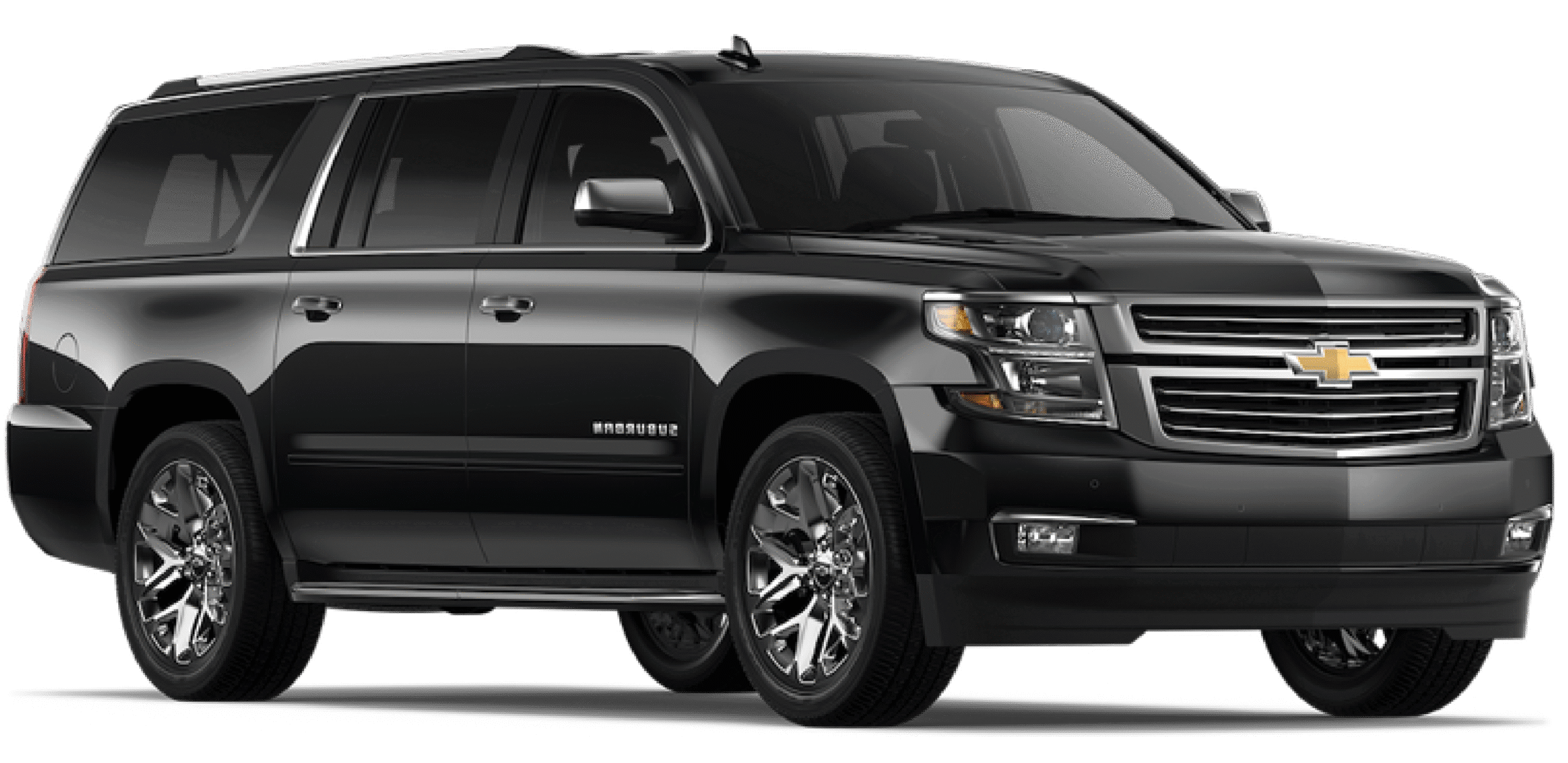 Luxury Chevrolet Suburban SUV, ideal for airport transportation, seating capacity of up to 5 riders, showcasing sleek black exterior and chrome accents.