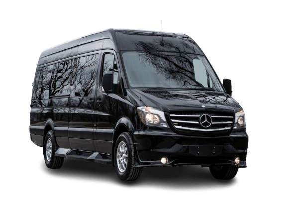 Luxury black Sprinter van, ideal for group transportation, featuring spacious seating for up to 13 passengers, suitable for airport transfers and events in Greater Houston.
