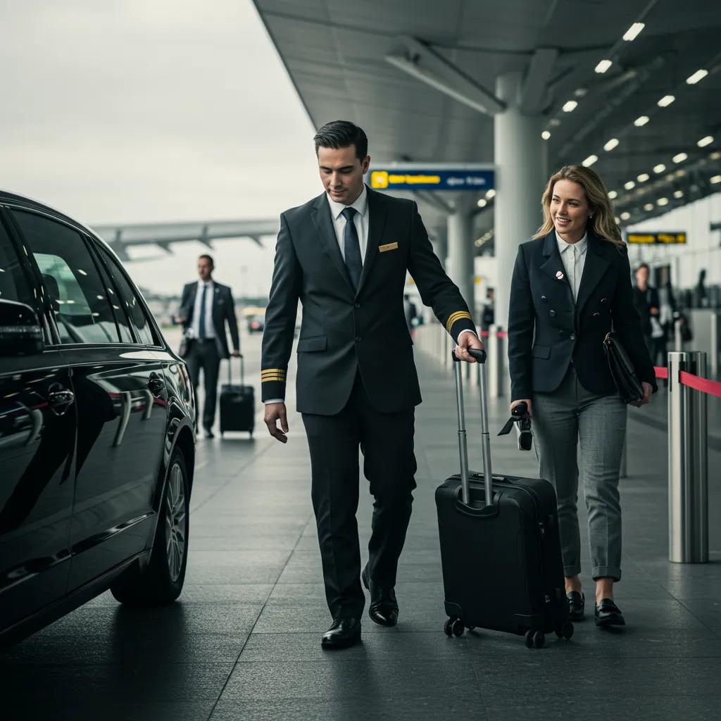 Professional chauffeur assisting a passenger with luggage at an airport curbside