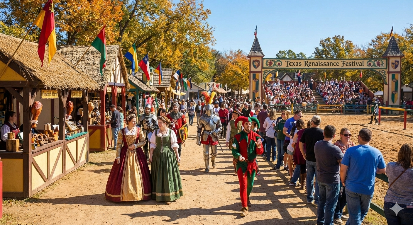 Texas-Renaissance-Festival-Transportation-CNS-Limo Bustling crowd and costumed knights under the Texas Renaissance Festival sign—a popular destination for C&S Executive Transportation event services.