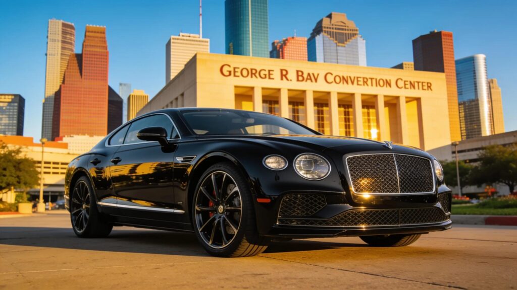 Luxury black car service in Houston with city skyline backdrop highlighting transportation options