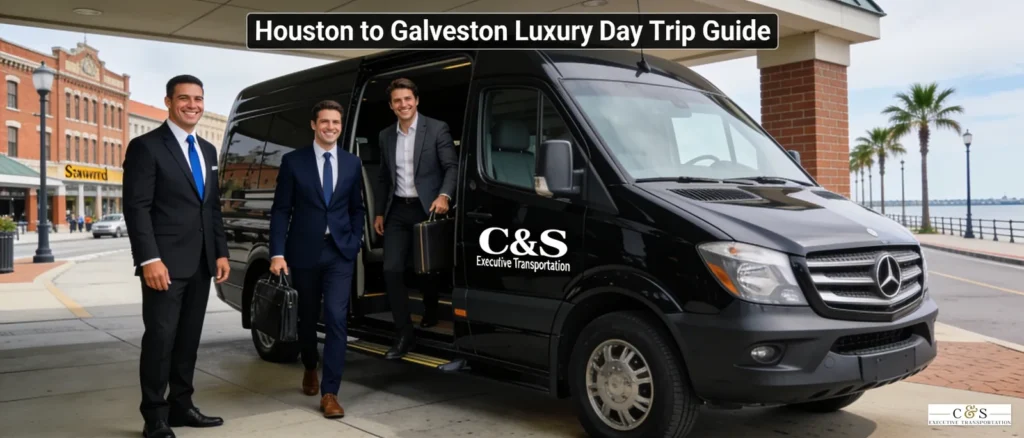 Galveston is roughly 50 miles southeast of Houston, making it a practical single-day executive itinerary